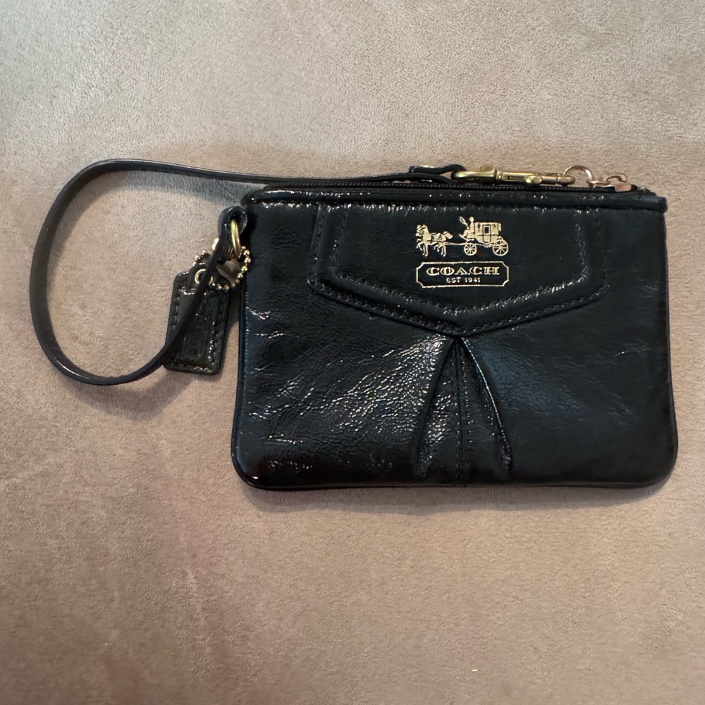 Coach Black Patent Leather Credit Card Purse on a chain